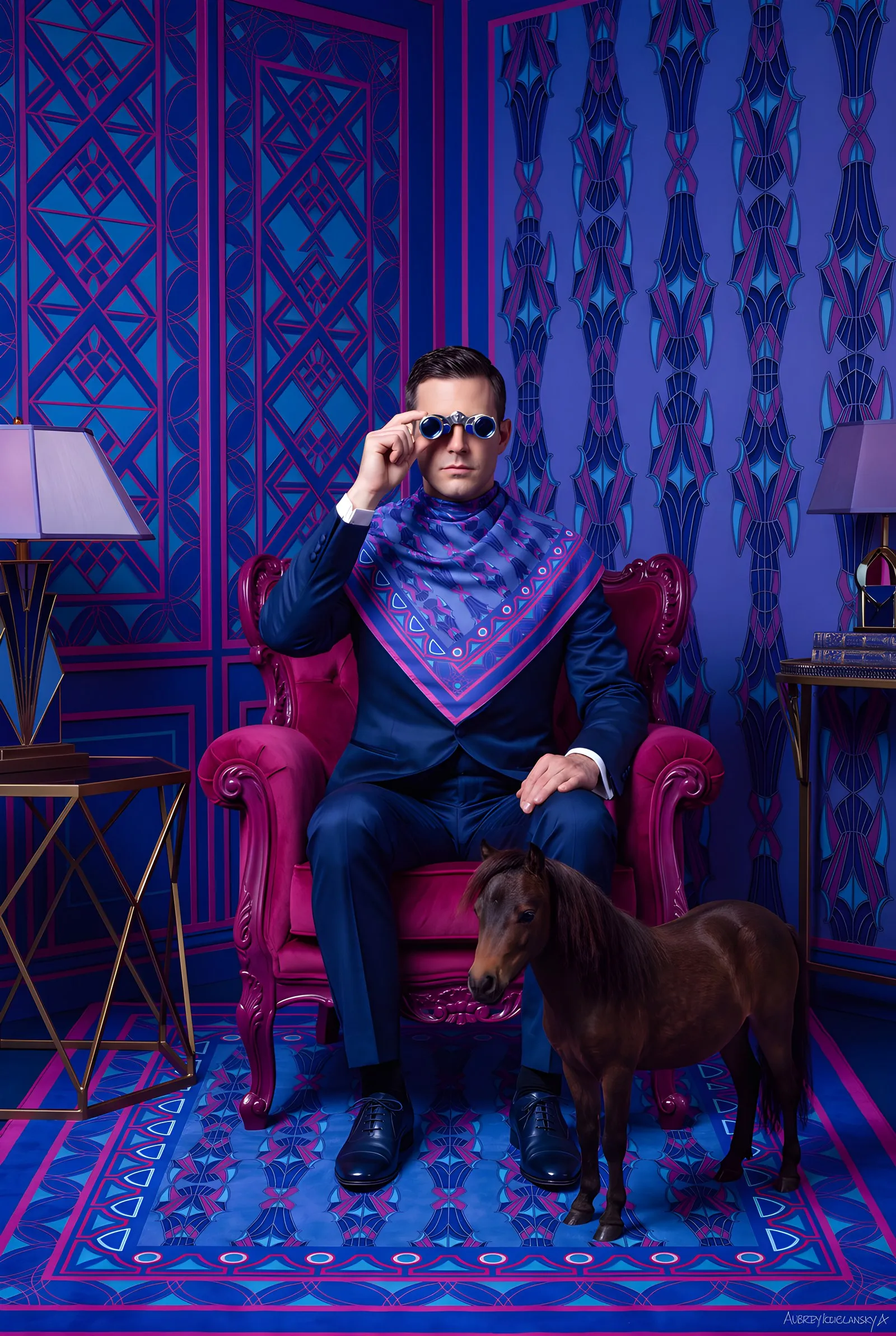 A man in a navy suit in a violet room, a violet and blue silk scarf worn as a neckerchief, beside a pony