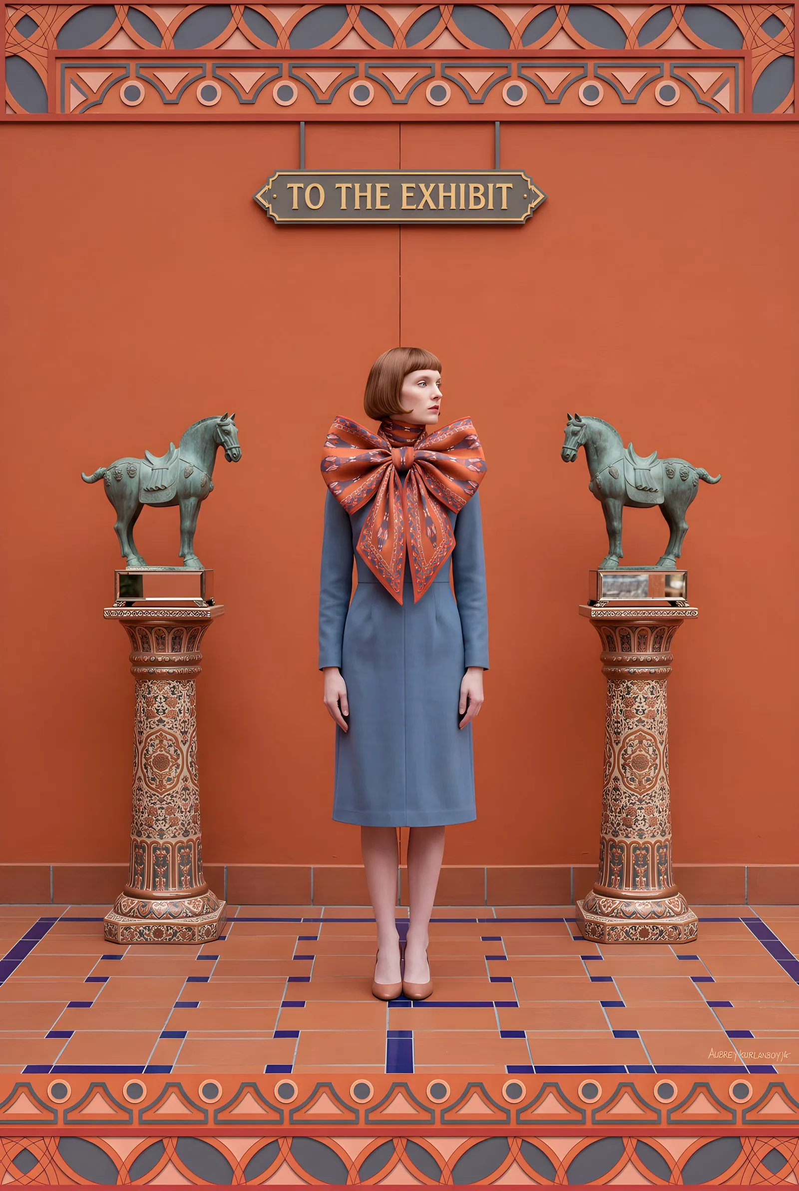 A woman in a blue coat between two horse statues, an orange silk scarf tied as an oversized bow