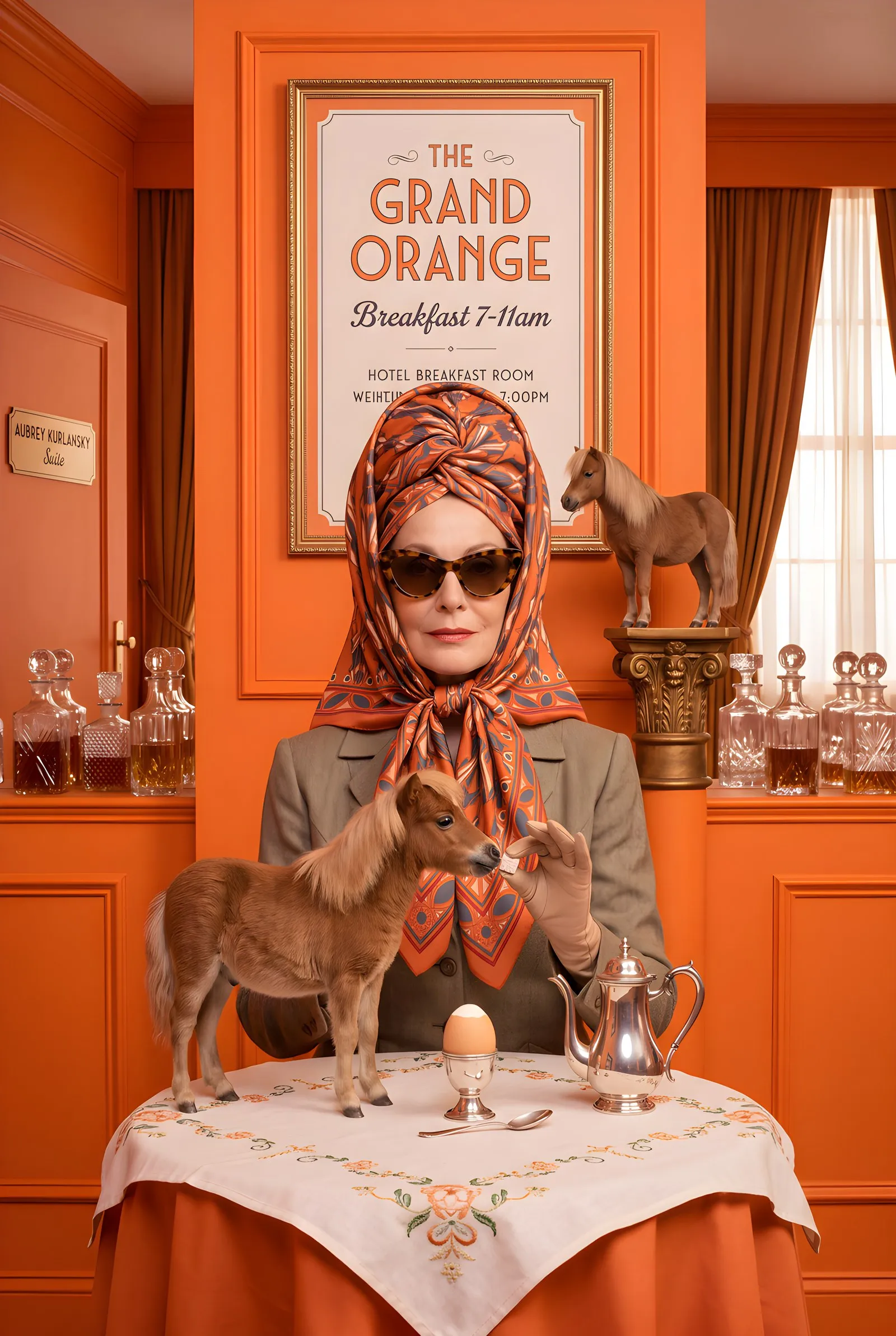An orange silk scarf worn as a hood with sunglasses, at a breakfast table with a miniature horse