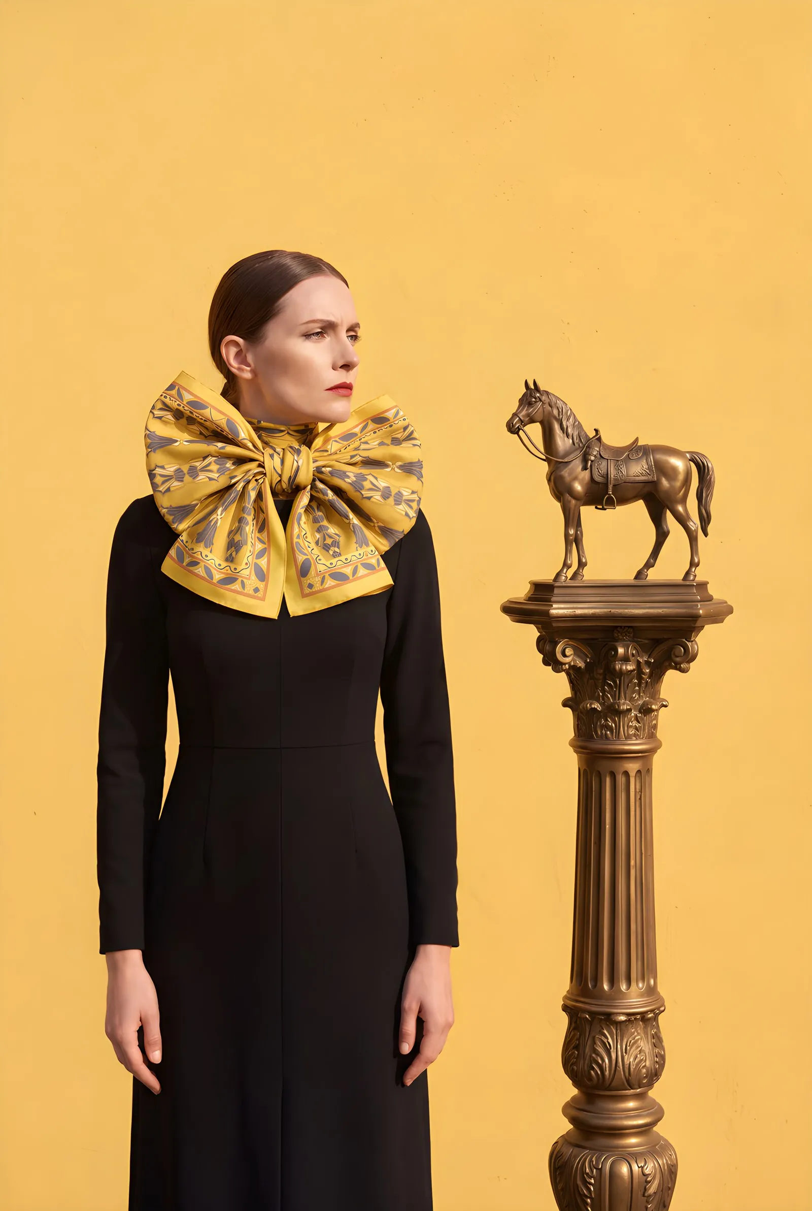 A woman in black with a yellow and grey silk scarf tied as an oversized bow, beside a horse figurine