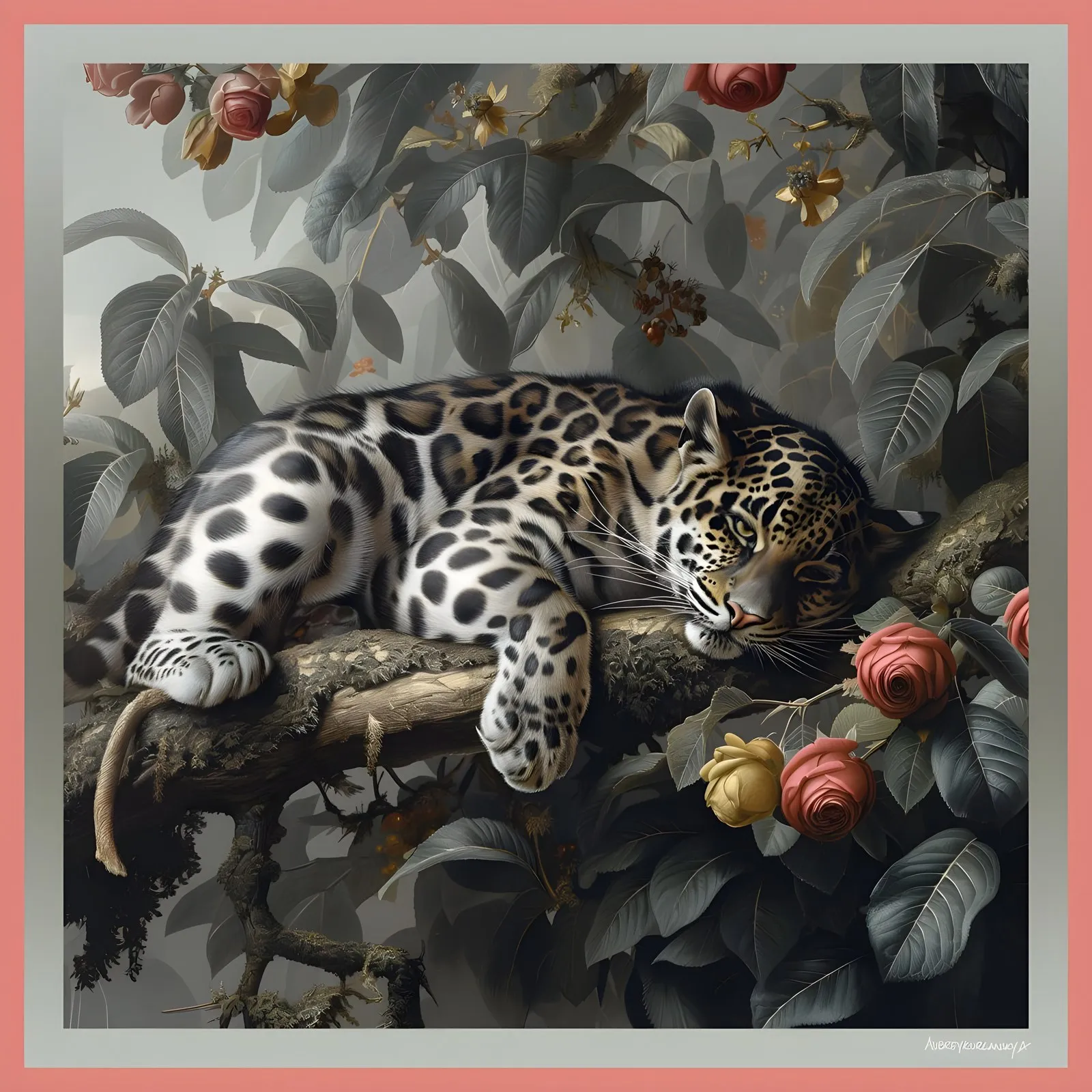 The Clouded Leopard Is Watching You, a silk square with a clouded leopard among leaves