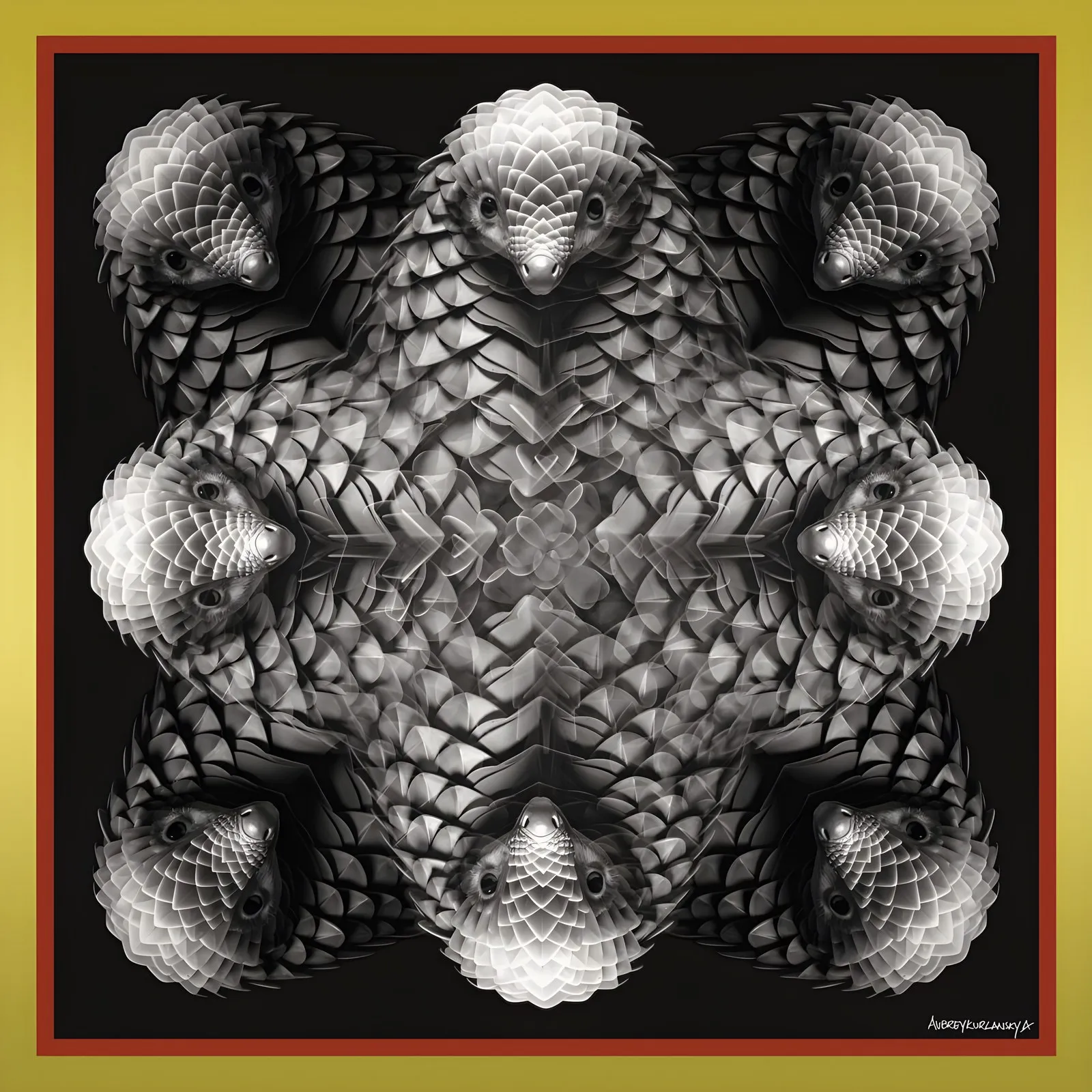 The Pangolin's Defence, a silk square with a curled pangolin