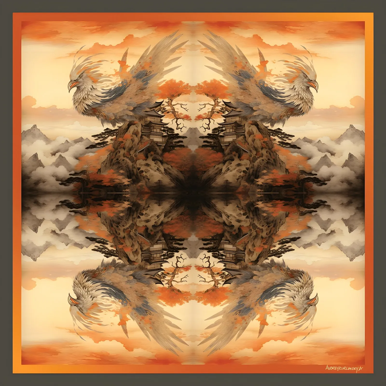 The Phoenix Aflame, a silk square by Aubrey Kurlansky