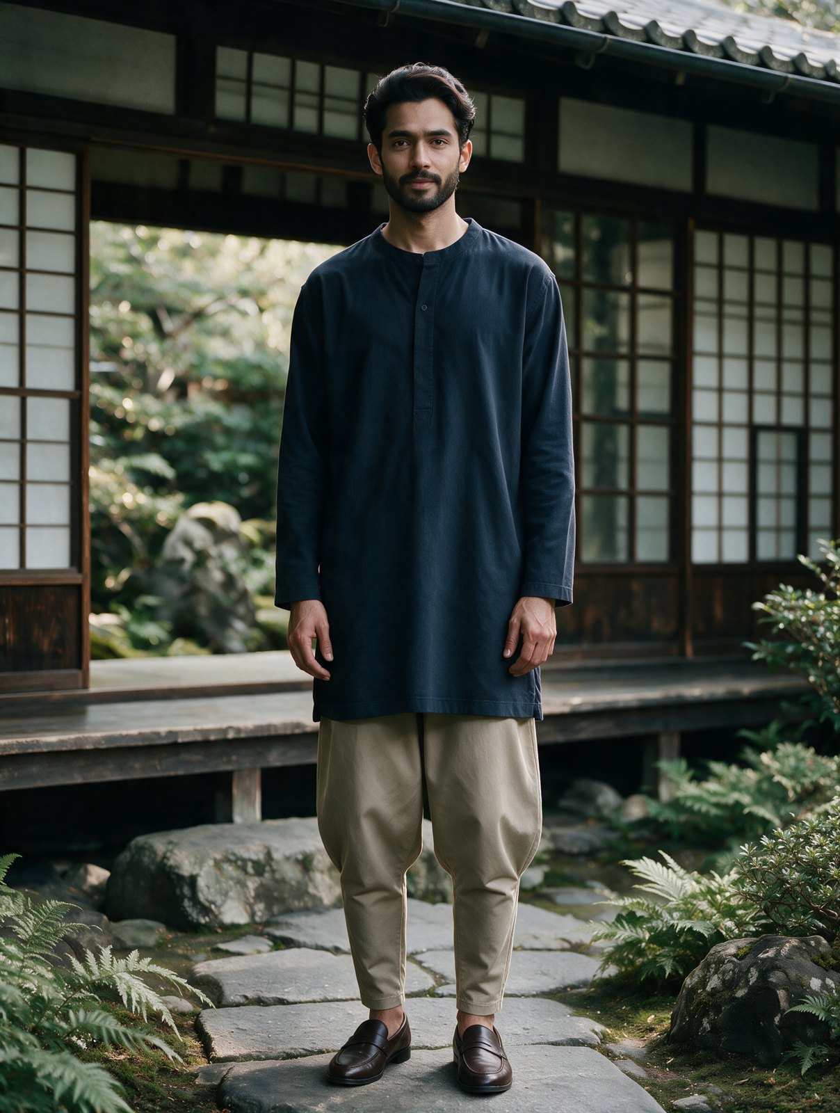 A man stands in front of a wooden veranda in a long navy tunic and stone beige Kanso Cut pants, full through the thigh and slim below the knee
