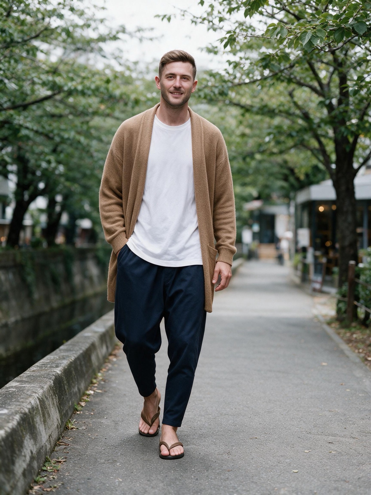 A man walks along a tree-lined canal path in Tokyo in a camel cardigan, white T-shirt and navy Kanso Cut pants.