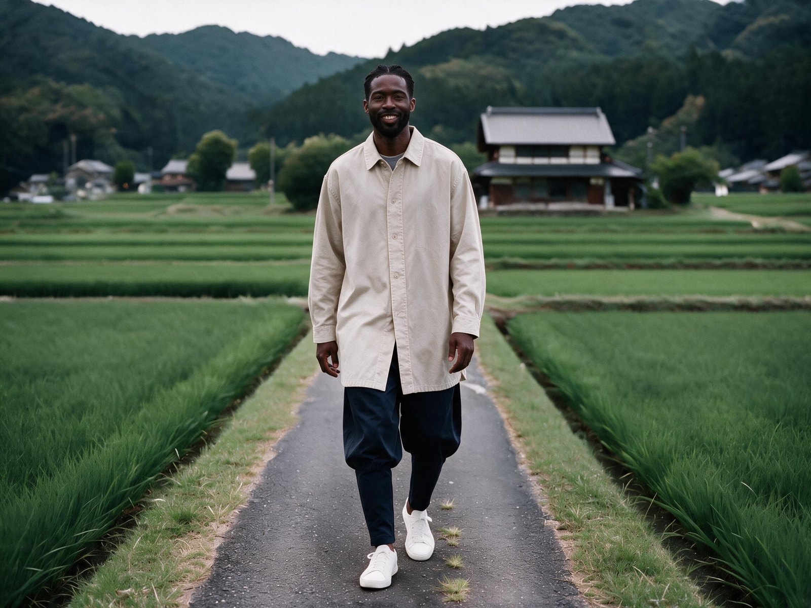 A man walks between green rice paddies in the Japanese countryside in a long ecru overshirt and navy Kanso Cut pants