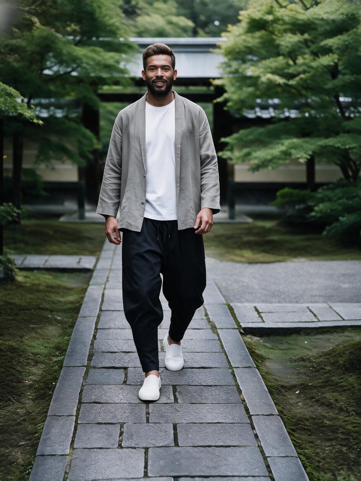 A man walks along a stone path through a Japanese moss garden in a linen overshirt and black Kanso Cut pants.