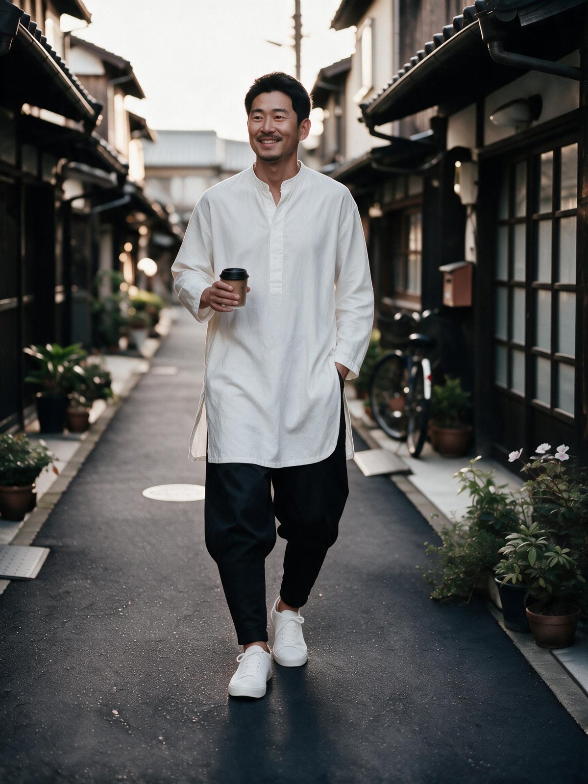 A man walks down a quiet lane of wooden houses in Japan with a coffee, in a long white tunic shirt over black Kanso Cut pants