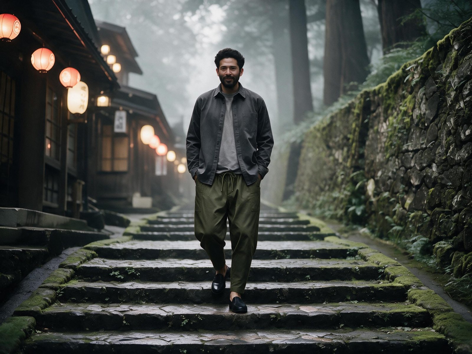 A man walks down misty stone steps past lanterns in a Japanese hillside village, in a grey overshirt and olive Kanso Cut pants.