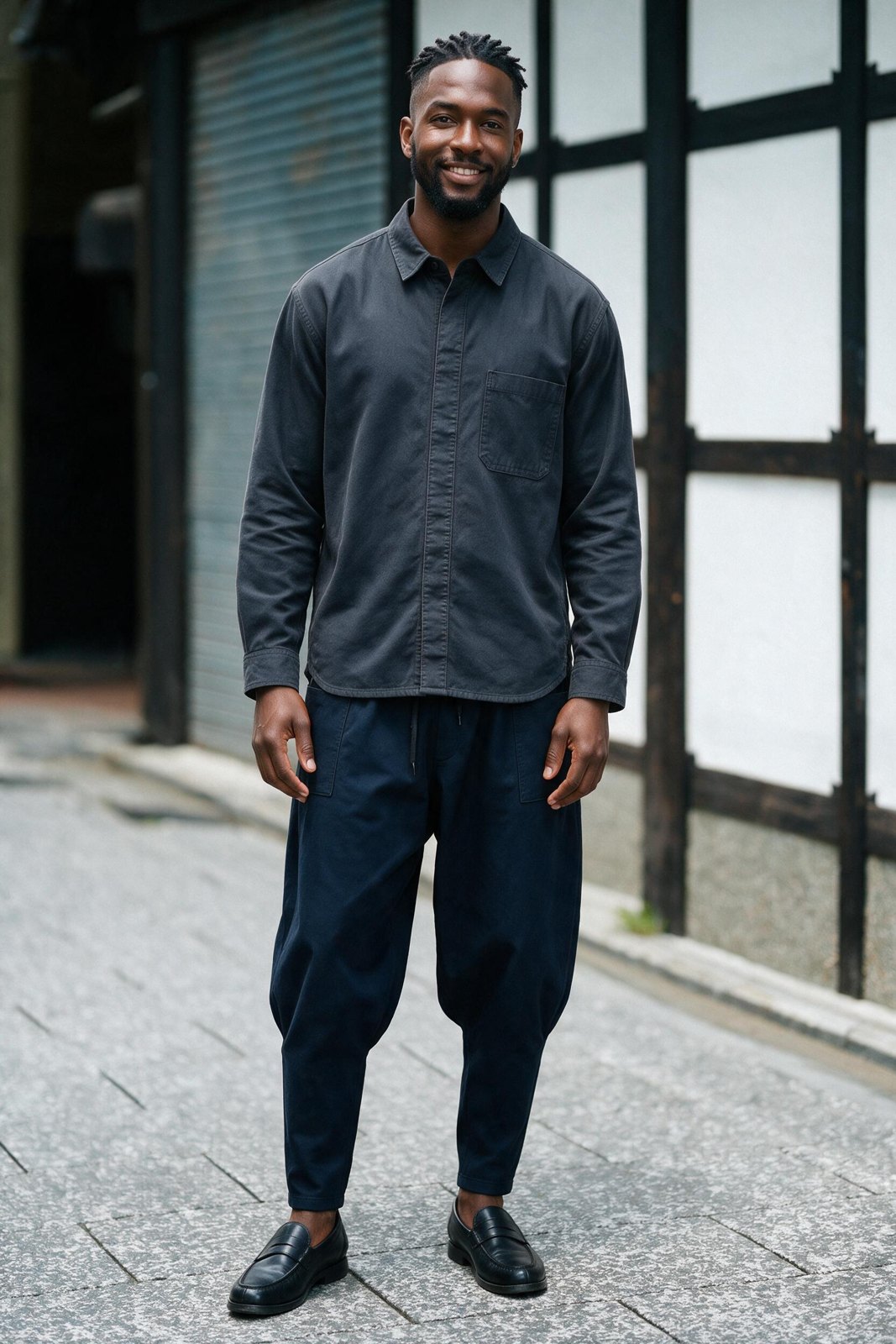 A man stands in a quiet Japanese street in a dark grey overshirt and navy Kanso Cut pants.