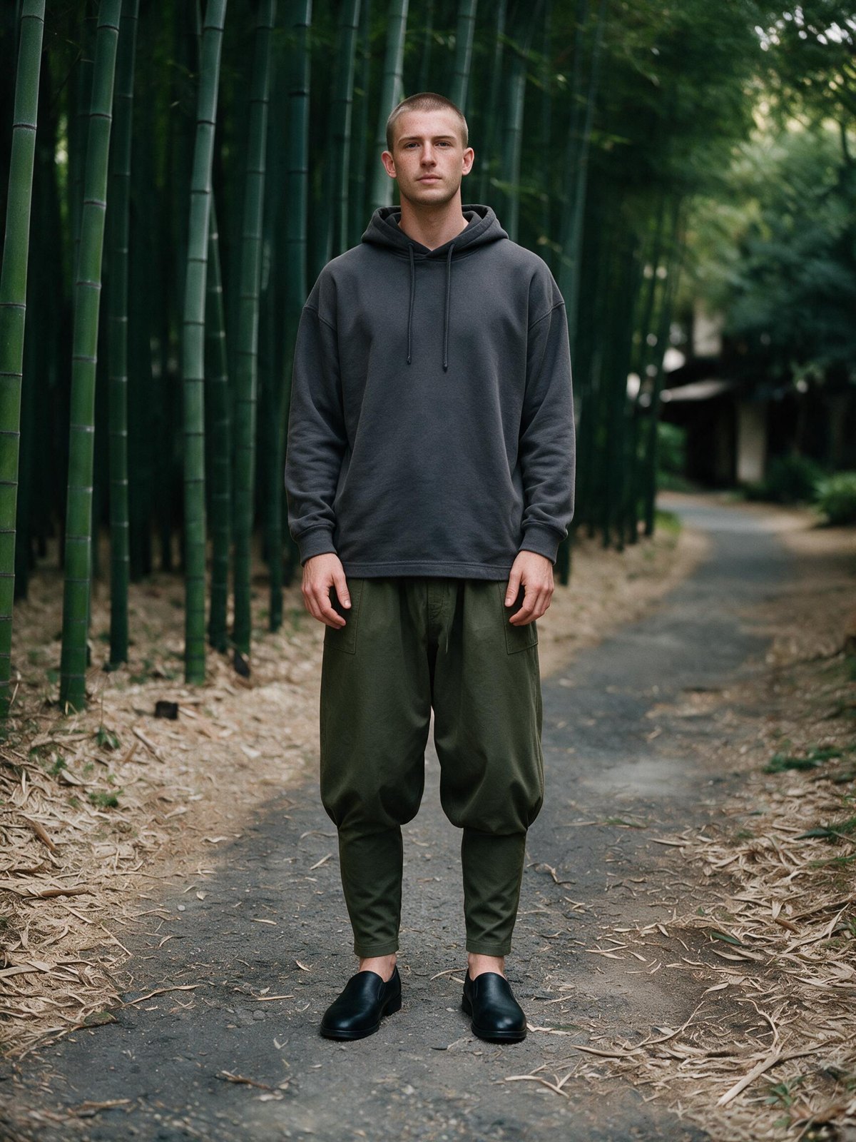 A man stands facing the camera on a bamboo grove path in a long charcoal hoodie and olive Kanso Cut pants