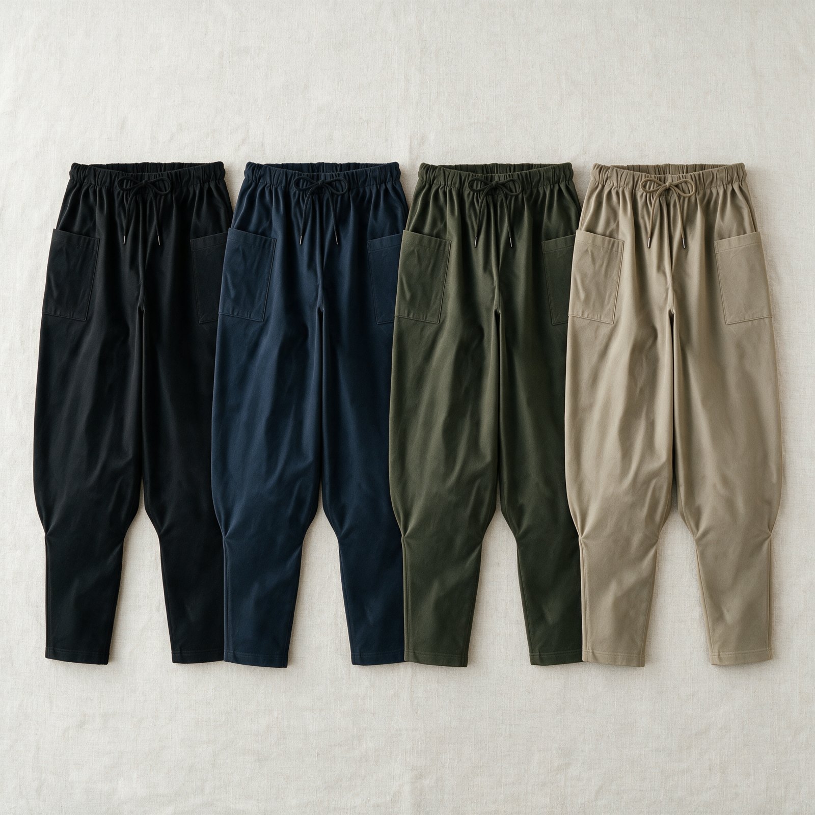 Kanso Cut pants laid flat in black, navy, olive and stone cotton twill